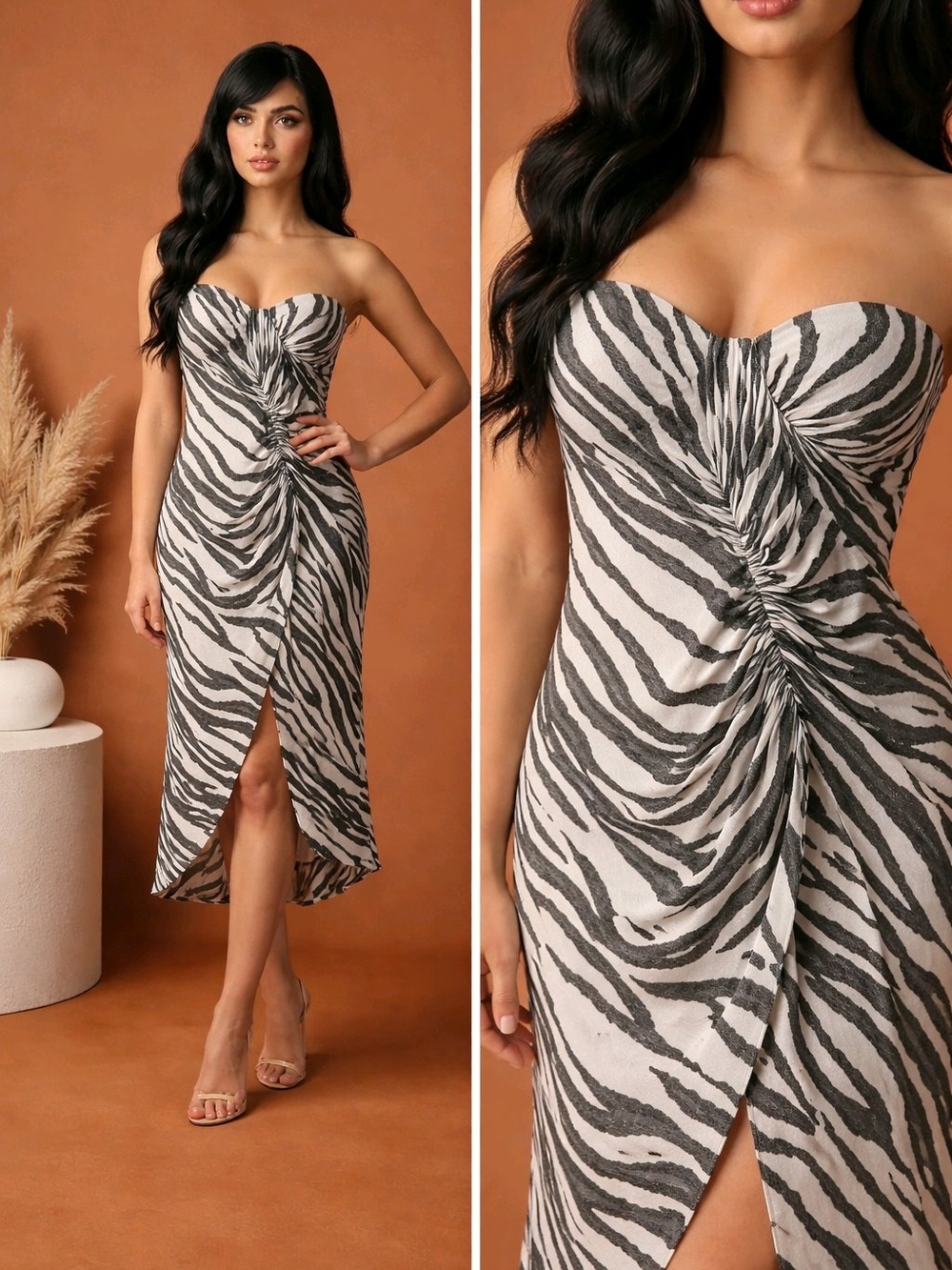 White House Black Market Strapless Zebra Print Silk Midi Dress NWT Size 6